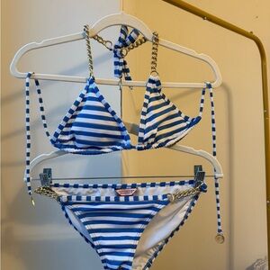 Vintage Y2K Juicy Couture Blue and White Striped Bikini with Gold Accents